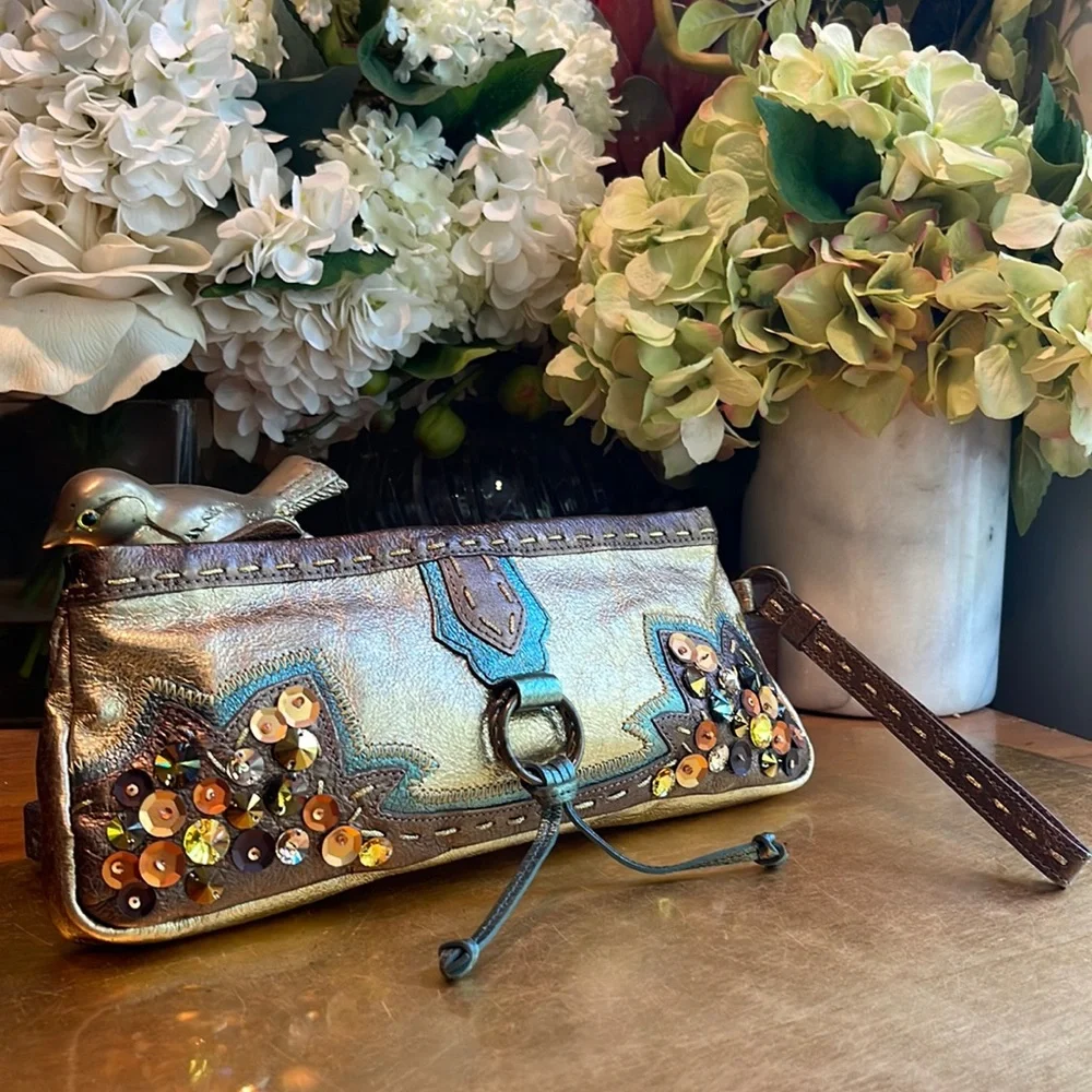Tocca Leather Jeweled and Embroidered Wristlet Clutch